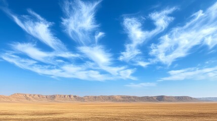 Fototapeta premium Vast Desert Landscape with Expansive Blue Sky and Wispy Clouds Over Mountains, Ideal for Travel, Nature, and Adventure Themes in Stock Photography Collection