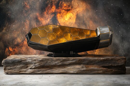 A futuristic hexagonal space telescope rests on a weathered wooden beam against a backdrop of a vibrant nebula. - Powered by Adobe