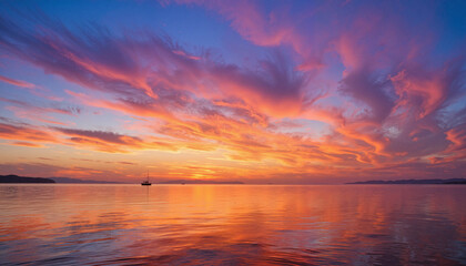 Obraz premium Tranquil sunset over calm ocean with distant sailboat, relaxation