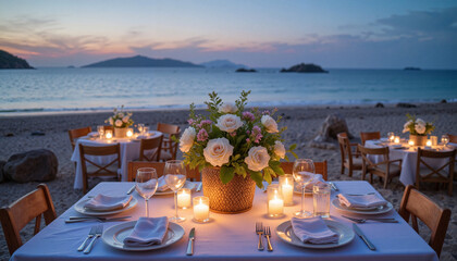 Fototapeta premium Intimate beachside dinner setup with candles and flowers, romantic ambiance