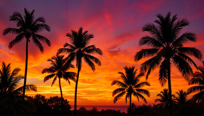 Obraz premium Tropical sunset with palm trees silhouetted against vibrant sky, serenity