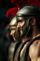Fototapeta premium A Spartan warrior standing shoulder to shoulder with his comrades, their shields forming an unbreakable wall against a sea of enemies.