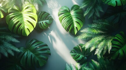 Obraz premium Tropical leaves, overhead view, sunlight, nature background