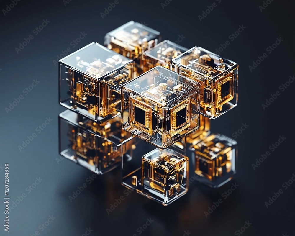 Poster Abstract 3D rendering of interconnected transparent cubes with golden internal mechanisms.