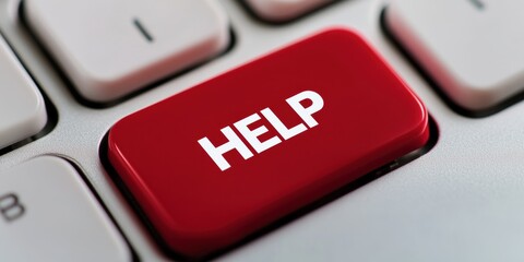 Red Keyboard Button with White "HELP" Text, Representing Assistance and Emergency Support