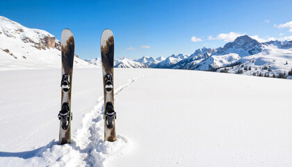 Skis standing in untouched snow under bright mountain sky, adventure awaits