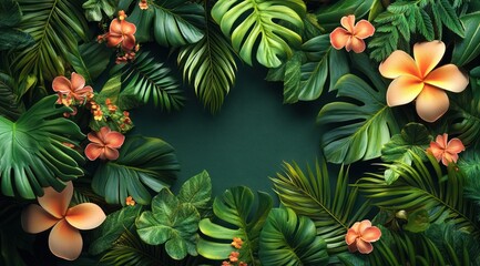 Naklejka premium Tropical floral frame, green background, design element