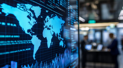 Digital world map in a futuristic control room