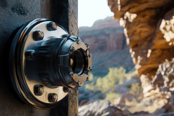 A metallic component, possibly a valve or connector, is shown against a blurred background of a desert canyon.