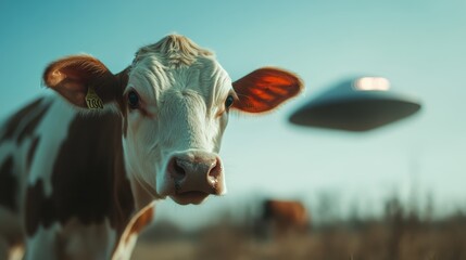 A curious cow gazes upwards as a UFO hovers above in a serene rural landscape, blending the ordinary with the extraordinary in an unexpected encounter.