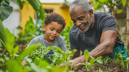 African grandfather and grandson gardening together at community garden - Organic food and education concept - Models by AI generative
