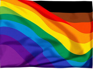 A pride flag with black, brown, and rainbow stripes waving on a flagpole.