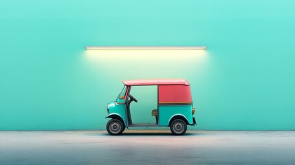 Fototapeta premium Vibrant Tuk-Tuk Against a Bright Teal Background with Minimalist Lighting in an Urban Setting, Showcasing a Modern and Playful Atmosphere for Travel and Adventure Themes