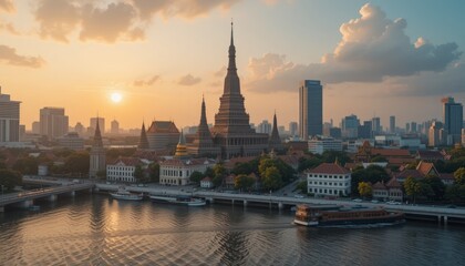 Fototapeta premium Sunset over river, temple, city skyline, boat