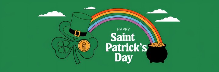 A minimalist Saint Patrick's Day poster design with a creative illustration of a shamrock made up of a leprechaun's hat, a gold coin, and a four-leaf clover. There is a rainbow with a pot of gold 