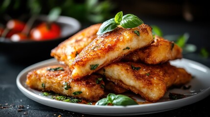 A delectable arrangement of cheese pastries topped with fresh herbs, designed to entice food lovers with its savory flavors and artistic presentation on a visually appealing plate.