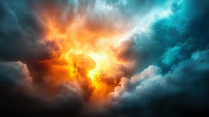 Fototapeta premium A magnificent swirl of clouds at dusk, blending vibrant oranges and soothing blues, creating a breathtaking tableau that evokes feelings of peace and wonder in nature's beauty.