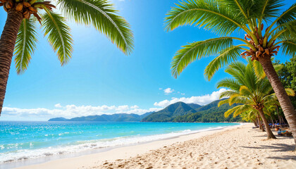 Fototapeta premium Sunny azure coastline with palm trees, tropical paradise