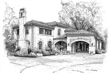 Obraz premium A detailed sketch of a two-story Mediterranean Revival house featuring a tiled roof, arched entrance, and lush landscaping. The design showcases a blend of traditional and modern.