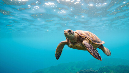Obraz premium Graceful sea turtle swimming in azure water, marine serenity