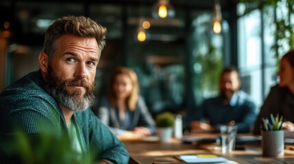 A confident man gives a penetrating gaze amidst a business meeting, radiating assurance as discussions unfold around him, symbolizing leadership and focused engagement.