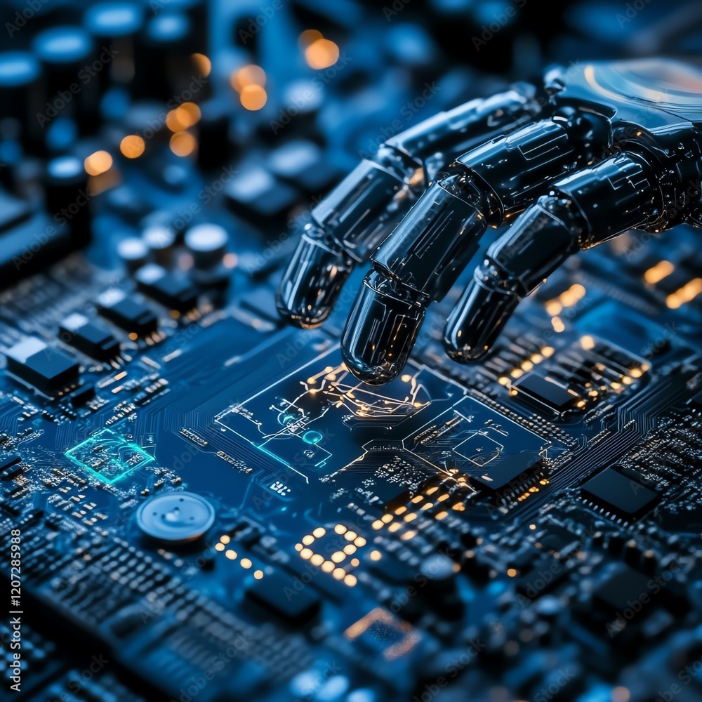 Poster robot hand interacts with circuit board in a high-tech environment showcasing advanced technology an