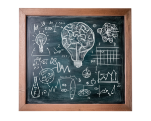 Creative brainstorming theme with doodles on chalkboard, featuring brain, light bulbs, graphs, and scientific symbols, inspiring innovative ideas and collaboration