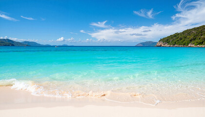 Obraz premium Tranquil beach scene with azure sea and white sand, tropical paradise