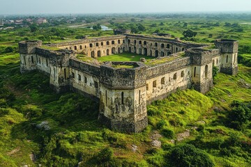 Fototapeta premium Stone fort, overgrown, verdant hillside, aerial view.