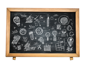 Creative chalkboard with doodles, brainstorming ideas, light bulbs, and sketches. Perfect for inspiration and educational themes