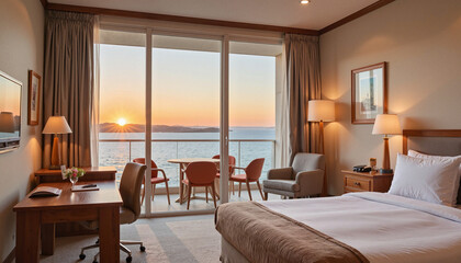 Fototapeta premium Cozy seaside hotel room with sunset view, tranquil getaway