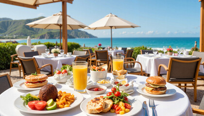 Obraz premium Oceanfront hotel breakfast on sunny terrace, seaside relaxation