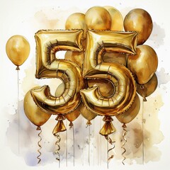 Gold birthday / anniversary party balloon, number 55, watercolor painting with white background
