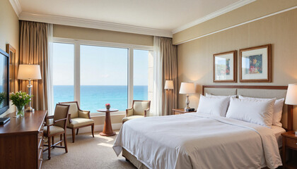 Elegant seaside hotel suite interior with ocean view, luxury escape
