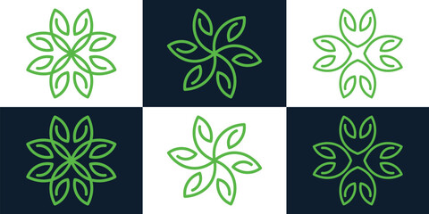 set Vector illustration of natural wind energy logo line template eco leaf spinning.