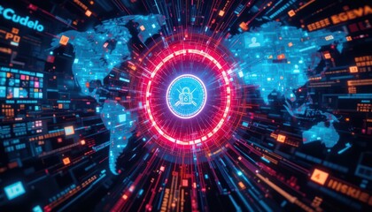 Obraz premium Global digital security, worldwide protection circle, data network, vibrant interface