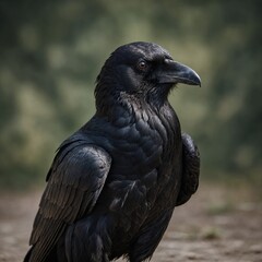 A black raven with its wings tucked, standing on a blank background.