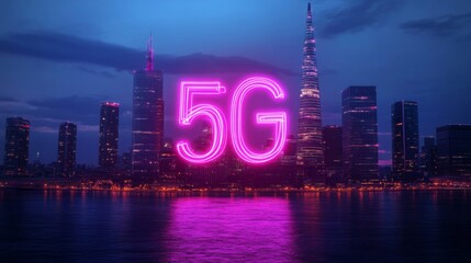 Glowing 5G Network over City Skyline at Night
