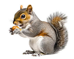 Squirrel eating nut, showcasing its fluffy tail and detailed fur. This adorable creature is isolated on transparency background, highlighting its features and playful expression