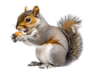 Squirrel eating nut, showcasing its fluffy tail and detailed fur. This adorable creature is isolated on transparency background, highlighting its features and playful expression