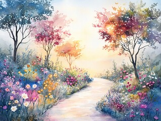 Watercolor Garden Path Serene Landscape Tranquil Nature Scene Colorful Trees Flowers