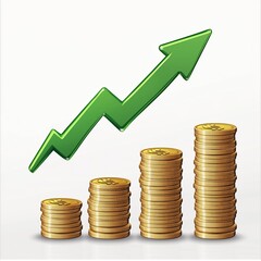 Real estate market. Stacked coins, arrow, percent signs and illustrations of house on white background visualizing interest rate rise
