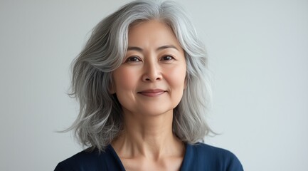 Fototapeta premium Elegant woman with silver hair smiles warmly in a modern indoor setting across a calm background