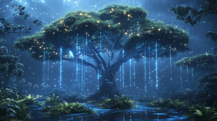 Enchanted Forest with Glowing Blue Tree at Night