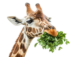 Giraffe eating leaves with playful expression, showcasing its unique features and vibrant colors. This majestic animal is isolated on transparency background, emphasizing its beauty