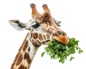 Giraffe eating leaves with playful expression, showcasing its unique features and vibrant colors. This majestic animal is isolated on transparency background, emphasizing its beauty