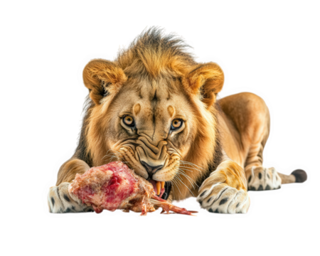 lion eating prey, showcasing its powerful jaws and fierce expression. animal majestic mane and intense gaze highlight its predatory nature