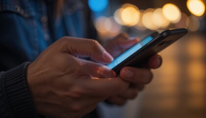 Person using smartphone at night in a city