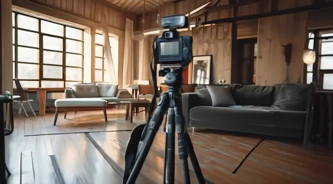 A high-quality camera on a tripod in a modern studio space with natural light, ready for a photoshoot or video recording.