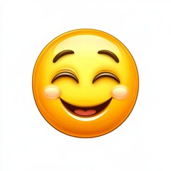 Fototapeta premium Happy smiley emoji with closed eyes and rosy cheeks on a plain white background conveying joy, happiness, and positivity in a cheerful and bright design for digital communication.